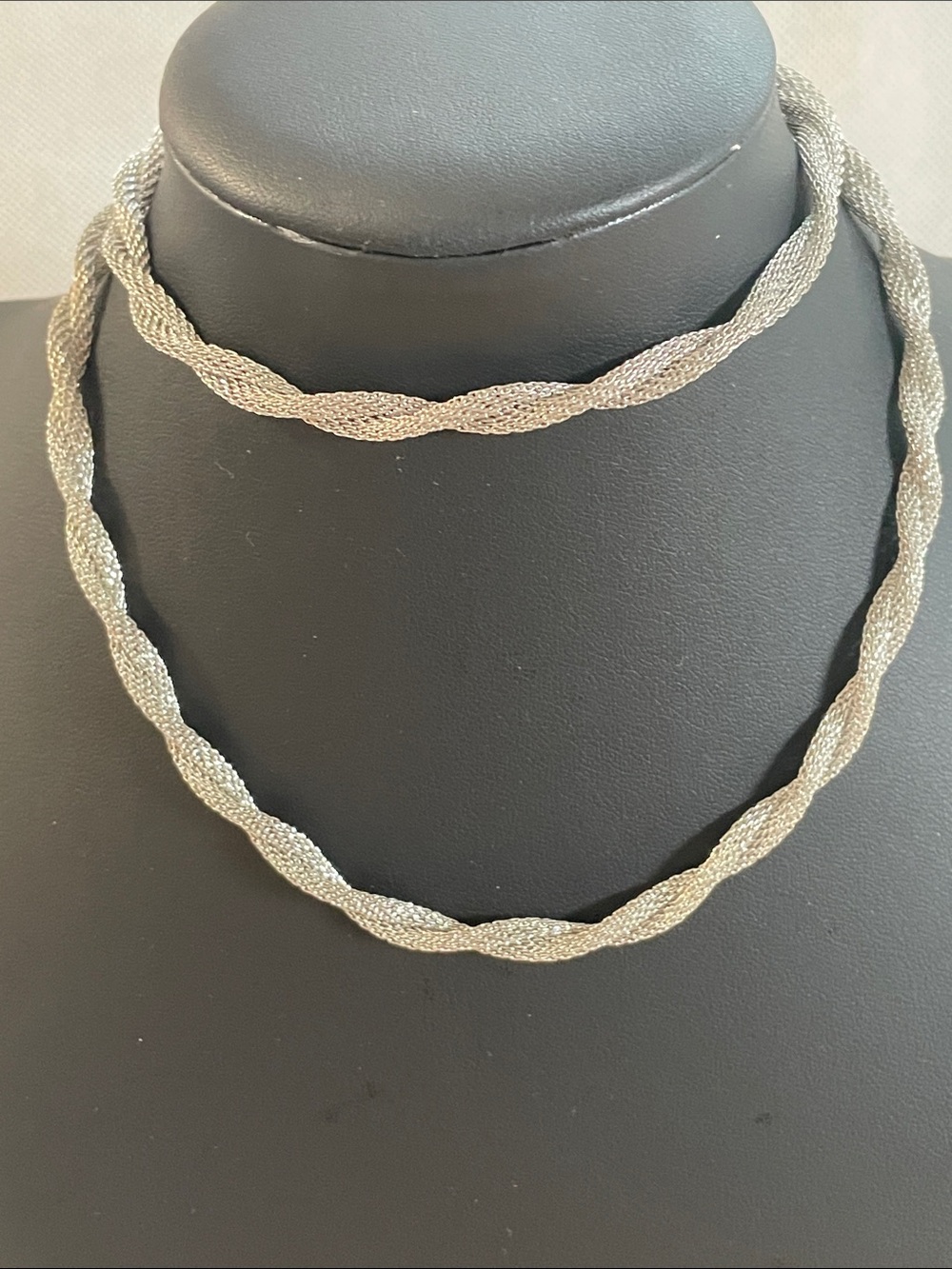 Silver Tone Twisted Mesh Rope Necklace 12” Drop